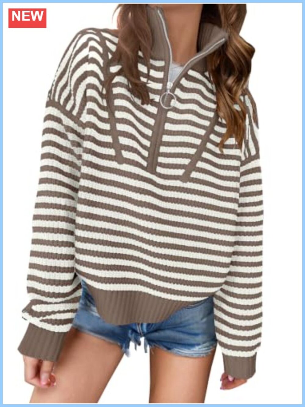 Womens Striped Quarter Zip Sweater Pullover Loose Knit Top